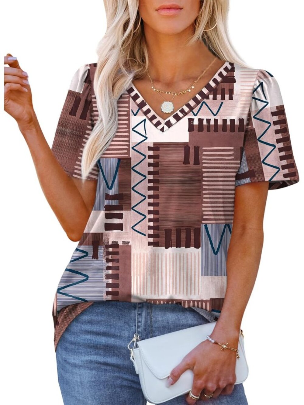 Women's T Shirts Pleated V Neck Dressy Casual Puff Short Sleeves Summer Tops